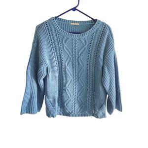 Tu‎ Women Blue Cable Knit Sweater Crew Neck Cotton Blend Ribbed Pullover Size 14